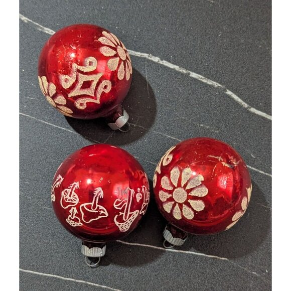 Shiny Brite Red Glass Christmas Ornaments Set Of 3 USA Made 2" Vintage Glitter - Picture 2 of 5